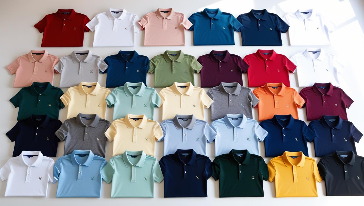 A flat lay of neatly arranged polo shirts with embroidered logos, or a professional group wearing the polos in an office environment. only one image don't divide (1)