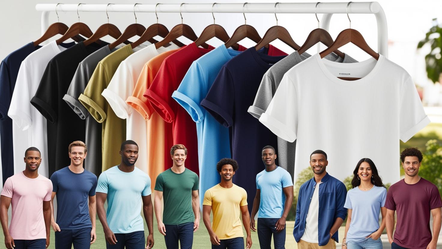 Casual round neck T-shirts displayed on hangers or mannequins, or lifestyle images of people wearing the shirts in everyday scenarios. only one image